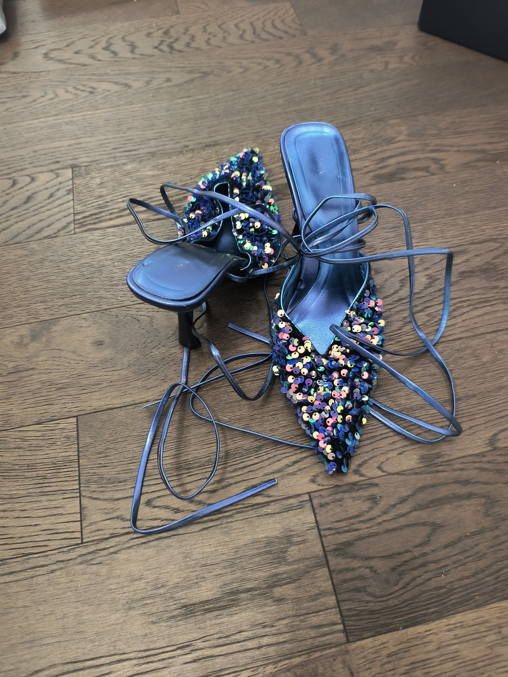 Zara Navy Pointed Sequin Lace-Up Heels